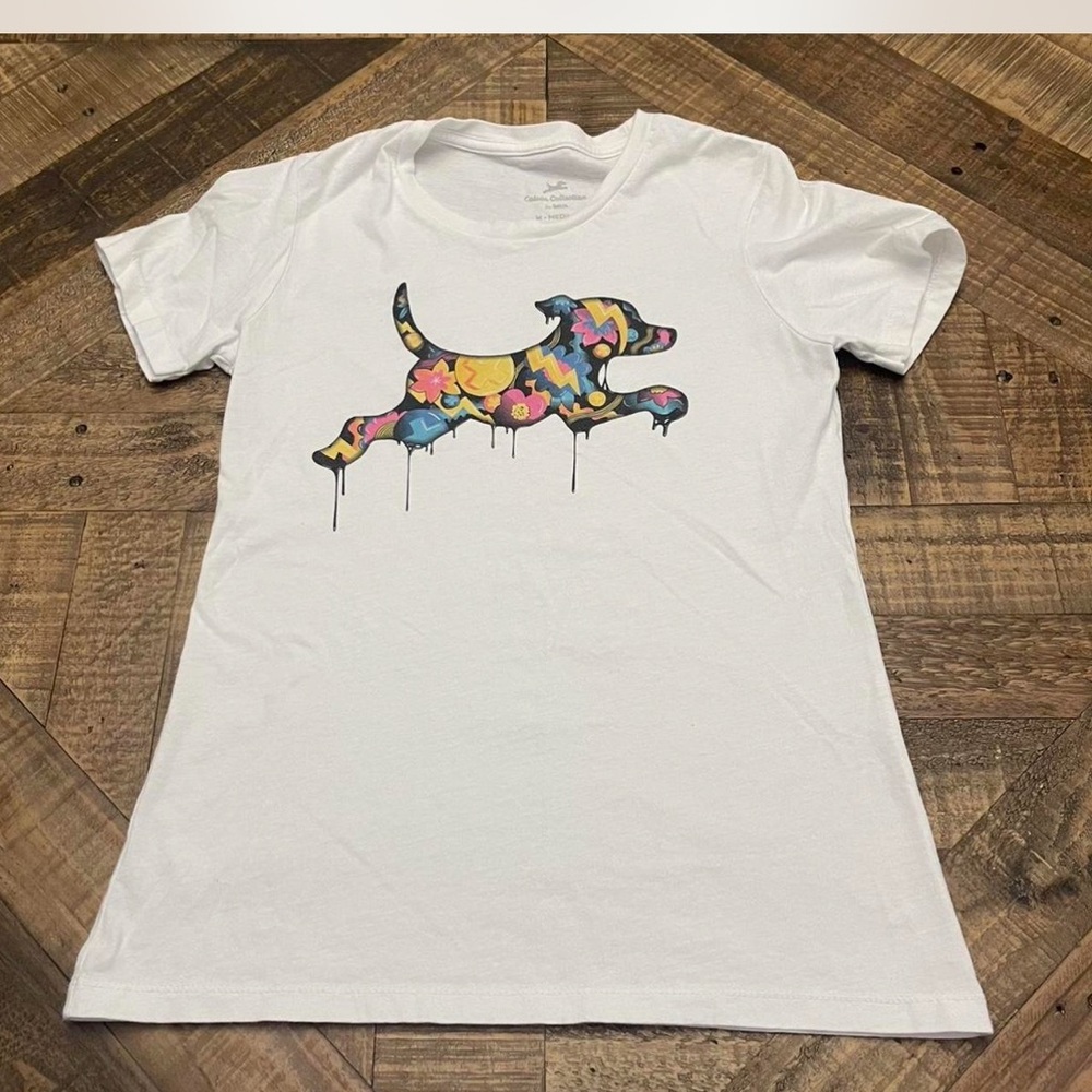 Drippy Calvin design white t-shirt-colorful, artistic graphic of a leaping dog